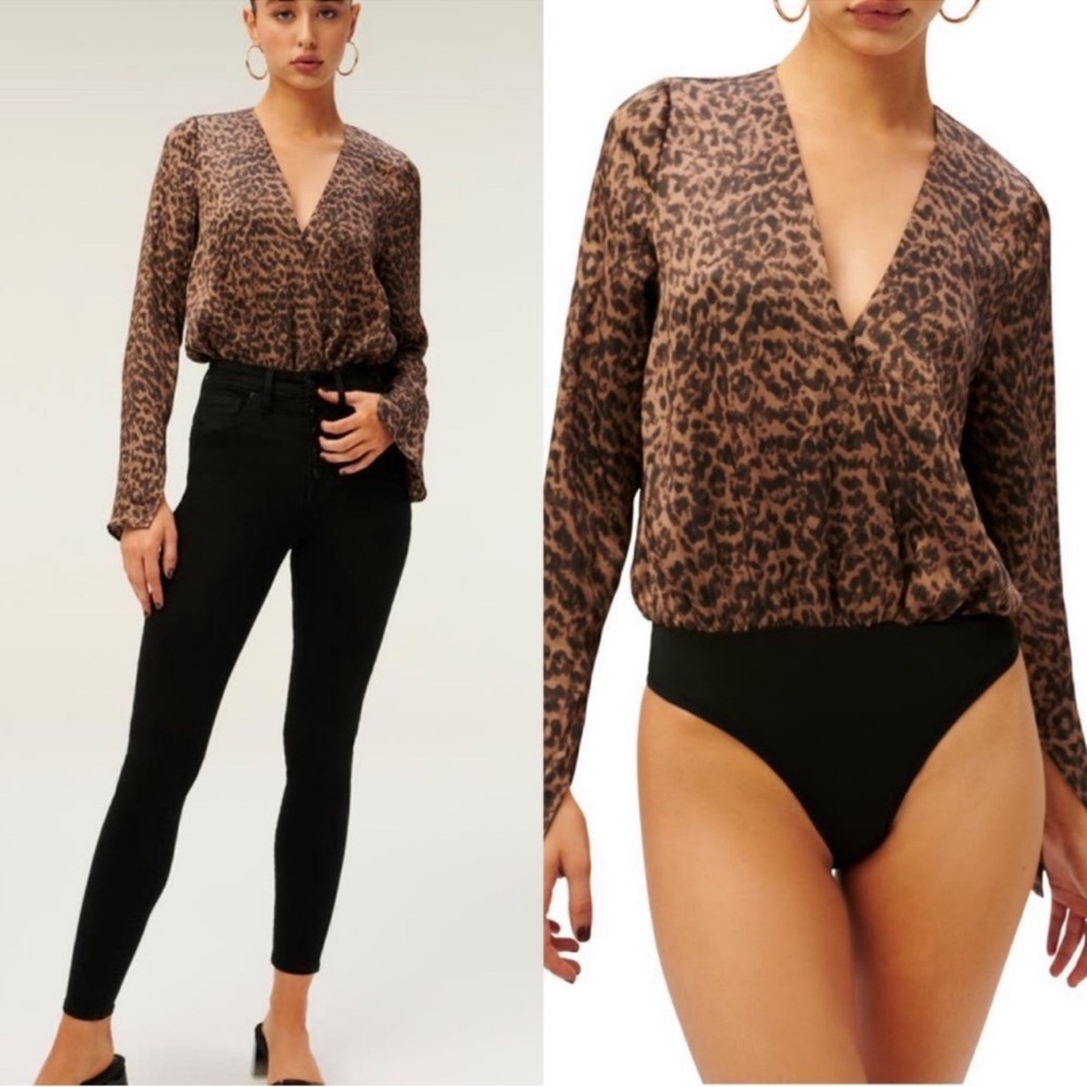 Good American Sepia Leopard Satin Wrap Bodysuit NWT Size 1 Small